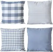 HOPLEE Light Blue Spring Pillow Covers 18x18 Cushion Cover with Buffalo Plaid, Solid Light Blue, Striped and Gingham Plaid Design 18x18 inch,4 Pack
