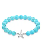 Aqua Starfish Charm Gemstone Beaded Stretch Bracelet in Sterling Silver - Exclusive