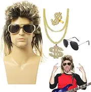70's Wigs | Set of 4 Men's Wigs | Disco Hippie Wig with Sunglasses Necklace, Dollar Sign for Disco Men Women