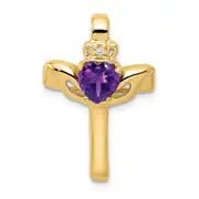 14k 6mm Claddagh Amethyst Natural Diamond Cross Pendant
