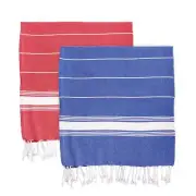 Turkish Cotton Towel Beach Bath Hammam Peshtemal Fouta Navy & Red - Set of 2