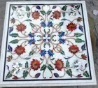Coffee Table Top Inlaid with Floral Design White Marble Sofa Side Table for Home