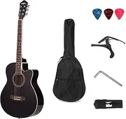 40Inch Cutaway Acoustic Folk Guitar 6 Strings Basswood with Strap Gig Bag Capo Picks