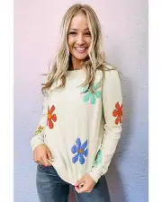 White Sweet Floral Pullover Sweater - Sweaters -Size XL