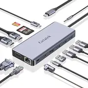 USB C Docking Station, 14 in 1 USB C Dock Triple Display, Laptop Docking Station with Dual HDMI, VGA, PD, RJ45, SD/TF, 3 USB 3.0, USB 2.0, Audio,Type C Data Port, Kensington Safety Lock, for MacBook