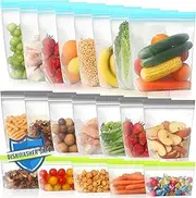 Lerine 22 Pack Dishwasher Microwave Safe Reusable Bags, Stand Up BPA Free Reusable Food Storage Bags, Extra Thick Leakproof Reusable Freezer Bags for Meal Prep - 7 Gallon 8 Sandwich 7 Snack Bags