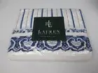 Ralph Lauren Porcelain White Blue Medallion Stripe Flat Sheet - Queen