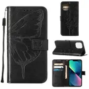 For iPhone 14 Plus Case, Embossed Floral Butterfly, PU Leather Wallet Cover, Lanyard, Stand, Black