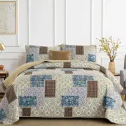 Fall Patchwork Quilt Set Queen Size 3 Pieces Brown Floral Plaid Bedspread Set...