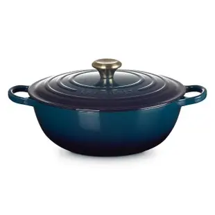 【Le Creuset】典藏琺瑯鑄鐵鍋媽咪鍋28cm(極光午夜藍-淡金頭)