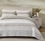 Chezmoi Collection Robyn 3-Piece Neutral Taupe Gray White Floral Hibiscus Flower Patchwork Striped Quilt Set - Pre-Washed Cotton Coverlet - Lightweight Reversible Bedspread, King Size