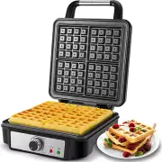 Belgian Waffle Maker Machine Stainless Steel Non-Stick Kitchen 4 Slices Square E