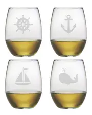 Susquehanna Glass Set of Four Nautical Icons 21oz Stemless Wine Glasses