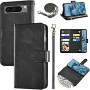 [Furiet] Wallet Case for Google Pixel 8 Pro 5G with Wrist Strap and Shoulder Strap PU Leather Flip Stylish 6 Card Holder Cash Pocket Cell Accessories Phone Cover for Pixel8Pro Pixel8 XL Eight 8Pro Black