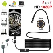 New 8mm USB Endoscope Camera 1080P HD Waterproof Borescope 8 LED 1/2/5M Cable