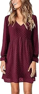 [KIRUNDO] Womens Dresses 2023 Fall Long Sleeve Mini Dress V Neck Flowy Casual Swiss Dot Loose Babydoll Dress