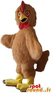 SpotSound Amazon mascot hen, brown, red and yellow rooster, all hairy