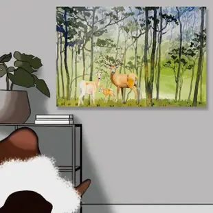 【24mama 掛畫】單聯式 油畫布 動物 藝術 生態草地 藝術繪畫 森林 風景 無框畫-60x40cm(鹿家庭)