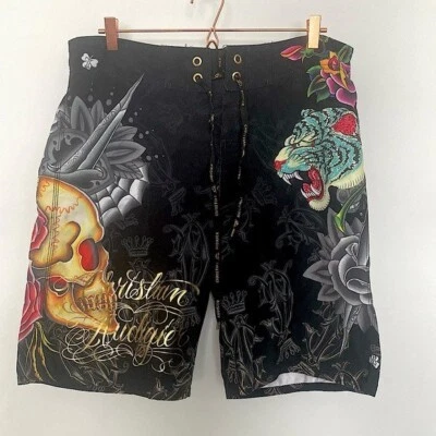 Christian Audigier Men's black embellished swim shorts 36