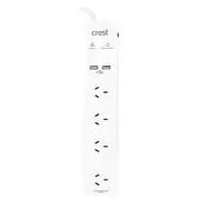 Crest 4-Socket Power Board Surge Protected Outlet Strip w/ 2x USB Ports White