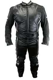 2pc Perrini Ghost II Black Motorcycle Racing Leather Suit with Metal Waist Zippe