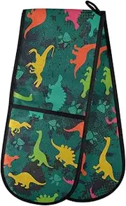 Dinosaur Paw Print Double Oven Mitt Heat Resistant Non-Slip Kitchen Gloves Extra Long 7" x 35" for Cooking Baking Barbecue Grilling