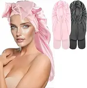2 Pcs Extra Long Satin Bonnet for Women, Large Satin Sleep Cap for Dreadlocks Wigs Long Hair Protection, Sleeping Cap with Adjustable Bow Design, Shower Caps for Skincare Makeup Bathing (Pink, Black)