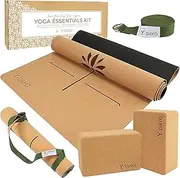 Y O GAYO Premium Cork All-in-One Yoga Essentials Kit -Large Cork Yoga Mat and Blocks Set with Carry Strap and Alignment lines, 10ft Yoga Stretch Strap, Your Ultimate Eco-Friendly Yoga Starter Set