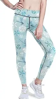 [FRODOTGV] Light Blue Dragonfly Flowers Slim Leg Yoga Pants for Women Soft Tummy Control Leggings for Women X-Small