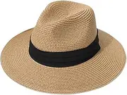 [TOPWEL] Women Fedora Sun Hat Wide Brim Straw Panama Hat Straw Hat Floppy Foldable Roll-Up Beach Cap Summer Hat Khaki, Khaki