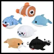 6 Mini Ocean Animal Small Plush Stuffed Animals - Shark, Dolphin, Walrus, Orca,