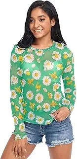 [RPLIFE] White Flowers Daisies Green Mesh Sleeve Tops for Women, Womens Sheer Tops S-XXL