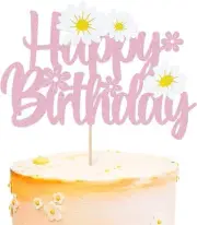 Sparkle Pink Daisy Flower Happy Birthday Cake Topper - Glittery White Daisy