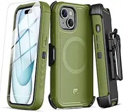 MYBAT PRO Maverick Series iPhone 15 Case with Belt Clip Holster,[Compatible with Magsafe] w/Screen Protector,Anti-Drop,Shockproof,with 360°Rotating Kickstand,Heavy Duty Protection Army Green
