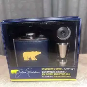 Jack Nicklaus Gift Set Navy Blue Flask 2 Stainless Steel Shot Glasses Funnel New