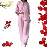 YELICAZE(イェリカゼ) [YELIKAZE] Casual Solid Cotton and Linen Pants 2 Piece Set, Plus Size Casual Set, Summer Button Shirt and Wide Leg Pants, Going Out Holiday Beach Set, Solid Loose Fit Casual Baggy Homewear