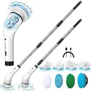 Bathroom Cordless Cleaning Brush, Electric Spin Scrubber with 8 Replaceable Brush Heads, Tub and Floor Tile 360 Power Scrubber Dual Speed with Adjustable & Detachable Handle for Bathroom Kitchen Car