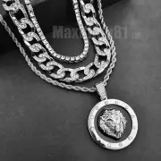 Silver Plated Alloy Lion Head Charm 18" Iced Cubic Zirconia Cuban & Tennis chain