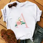 PINK LETTER FLOWER WOMEN T-SHIRTS INS26字母鮮花印花休閑T恤