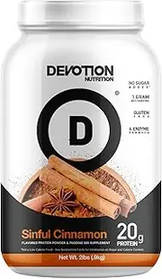 Devotion Nutrition Protein Powder Blend | Gluten Free, Keto Friendly, No Added Sugars | 1g MCT | 20g Whey & Micellar Protein | 2lb Tub (Sinful Cinnamon)