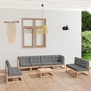 9 Piece Garden Lounge Set with Cushions Solid Pinewood, Outdoor Patio Furniture Set, Includes Chairs, Table, for Balcony and Garden Use - Grey Cushions, Perfect for Bistro and Porch