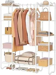 FAVOOSTY Clothes Rack, Coat Stand with Both Sides 5 Shelves, Metal Frame, Open Wardrobe for Bedroom, Living Room, 125.90 × 39.00 × 160.00 cm, White
