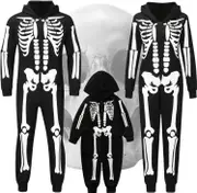 Morakot Skeleton Onesie Adult, One-Piece Zipper Skeleton Glow Costume for Halloween, Themed Party Family Pajamas Sets Black Men Large