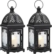 IMAGE Candle Lantern Holder, 2 Pcs Metal Candle Lantern Holder with Transparent Glass, Vintage Hanging Lantern Tabletop Decoration Birdcage for Home Décor and Wedding White (Black)