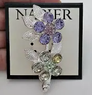 Napier Silver Tone Purple Green Flowers Floral Brooch Pin Signed NEW