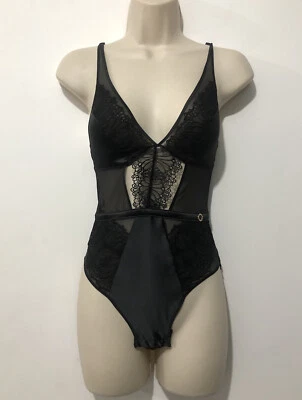 B By Ted Baker Black Lace Mesh Satin Bodysuit Top UK 6