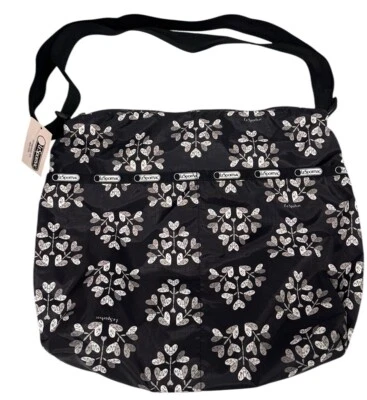 Lesportsac Love Blossoms Medium Cleo Crossbody Hobo Bag Black White Hearts New