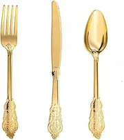 30 Pieces Vintage Stijl Plastic Cutlery, Party Cutlery Reusable, Knife Forks Spoons 10 Pieces Each, 30 Reusable Party Tableware, Reusable Cutlery Set, Plastic for Family Celebrations, Dinner (Gold)