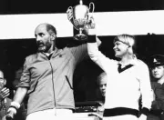 South African tennis players Bob Hewitt and Greer Stevens smile a - Old Photo