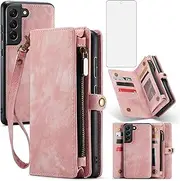 Asuwish Phone Case for Samsung Galaxy S21 FE Gaxaly S 21 FE 5G Zipper Wallet Cover with Tempered Glass Screen Protector and Flip Card Holder Cell Accessories Glaxay S21FE5G UW S21FE 21S G5 Women Pink